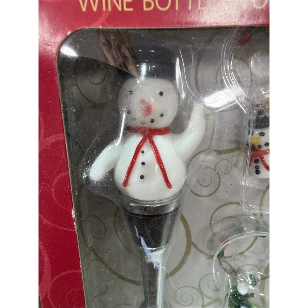 Festive Christmas Snowman Wine Bottle Stopper & 4 Wine Glass Charms Set